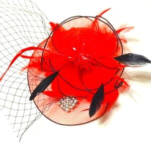 ``RH25916 Red Mesh Feathers Fascinator